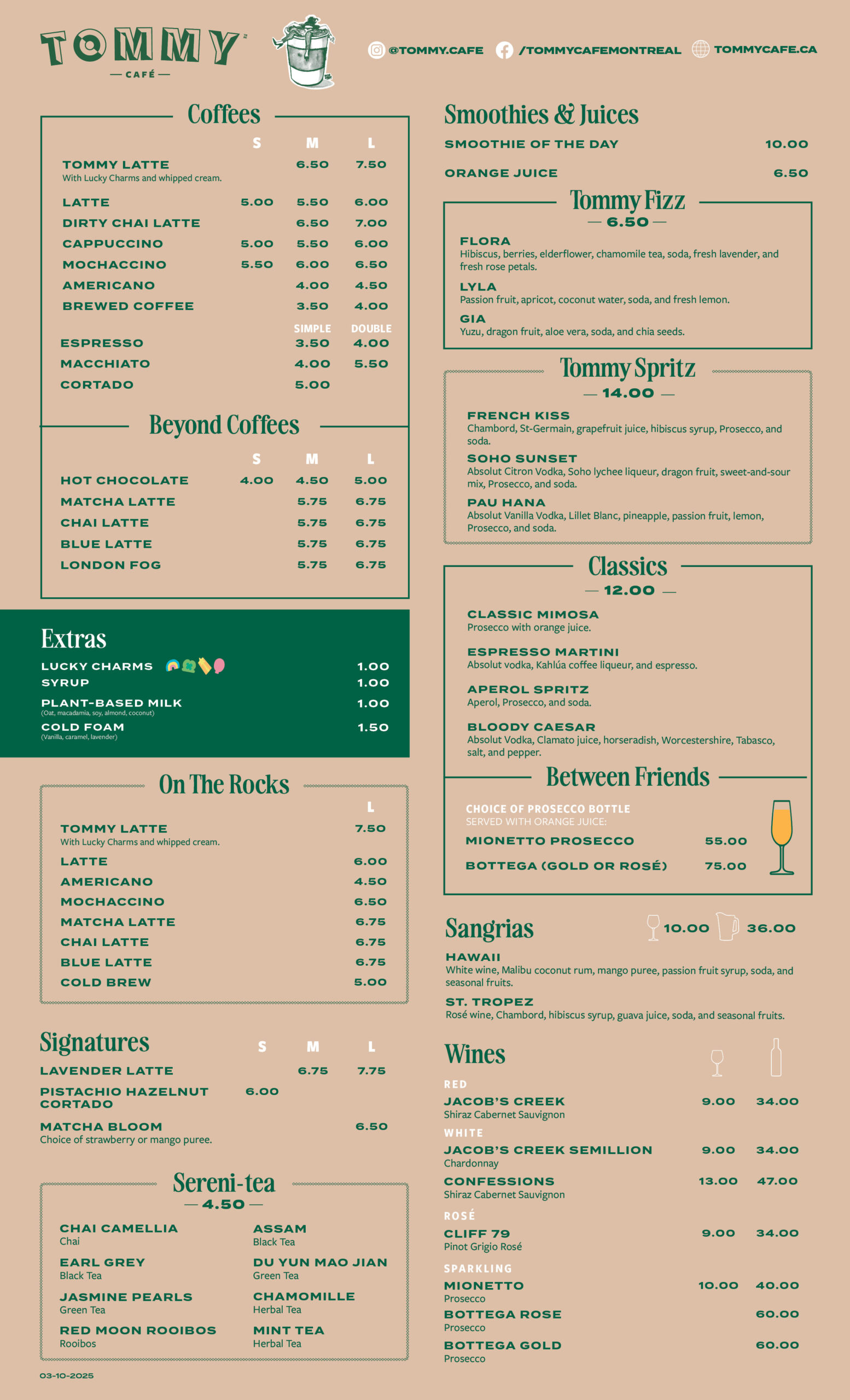 Tommy Cafe Laval Drink Menu