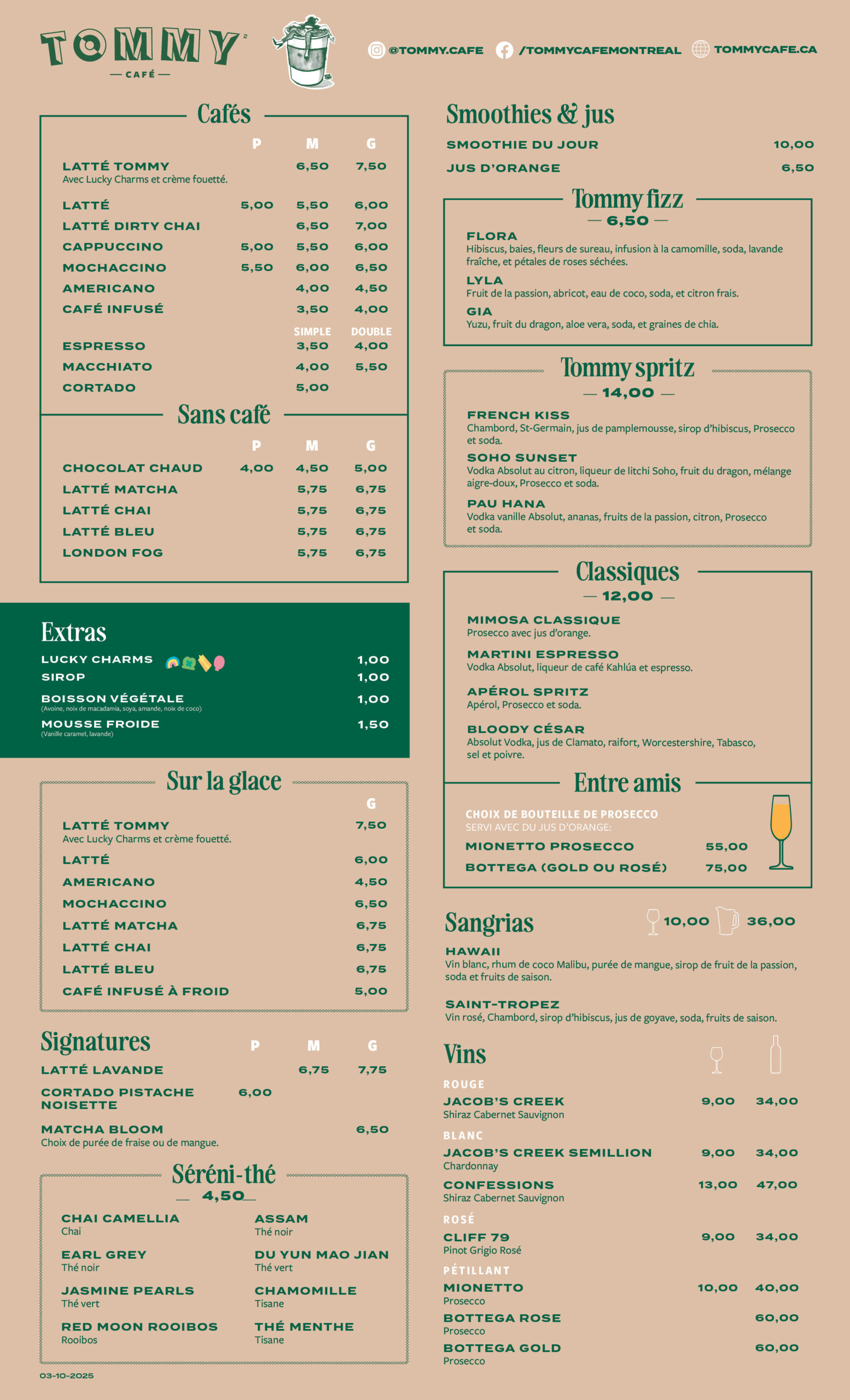 Tommy Cafe Laval Drink Menu